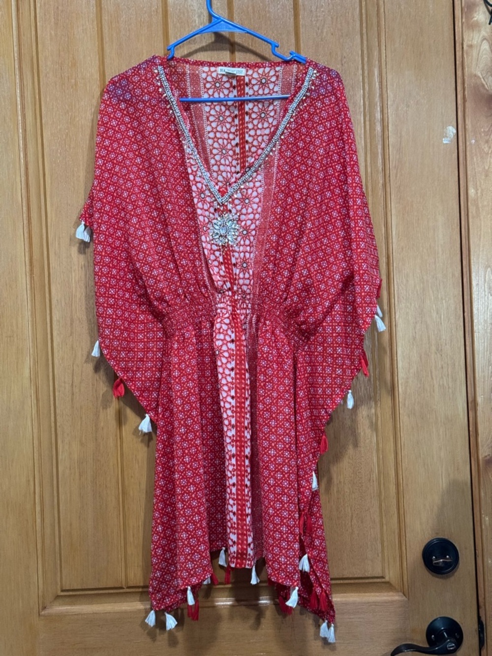 Red Tassel Trim Boho Cover-Up